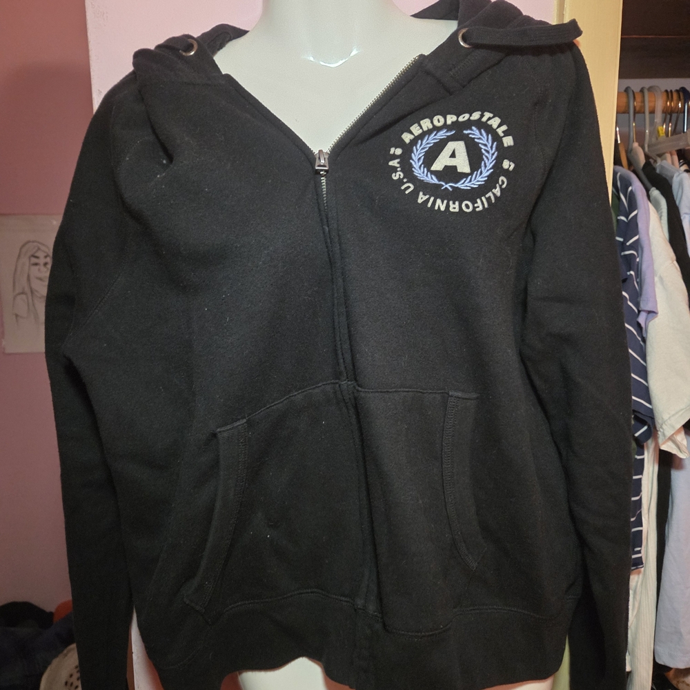 Aeropostale Black Zip-Up Hoodie with Blue and White Crest